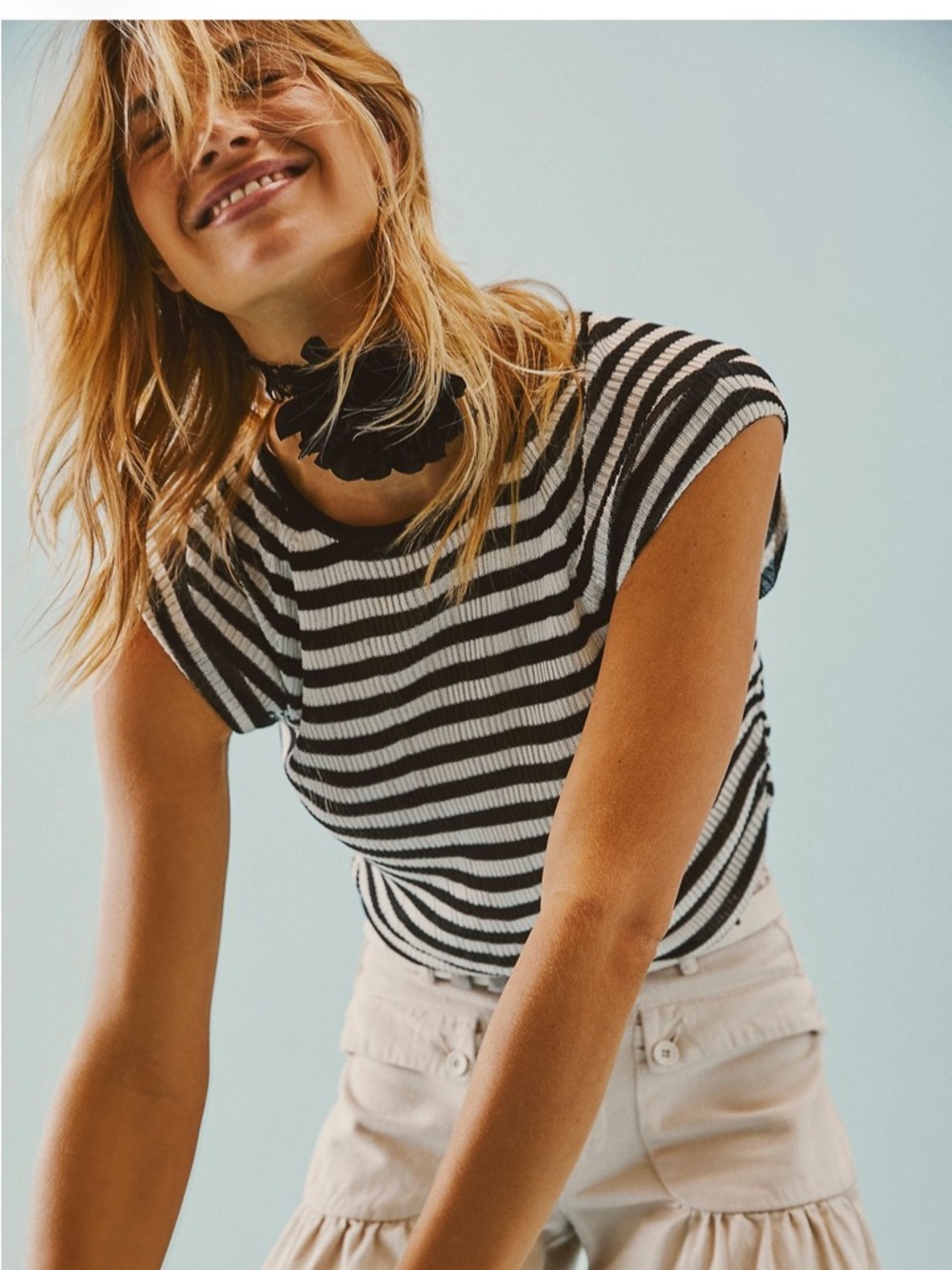 Free People Red and Tan Striped Short Sleeve Top